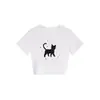 Camiseta Negra de Cuello Redondo Hombro Caído Manga Corta para Mujer Verano Nuevo Estilo Estampado de Gato con Lunares Dulce Picante Chica Top Mujer