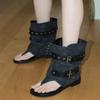 Nuevas Sandalias de Tanga Estilo Retro Francés 2025 para Mujer con Remaches Huecos, Botines de Tacón Grueso, Botines de Punta Cuadrada de Tacón Alto para Mujer