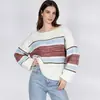 Nuevo suéter de otoño e invierno para mujer europeo y americano, top de punto sexy a rayas de bloques de color sin hombros para mujer en Amazon