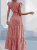 Vestido Longo Transfronteiriço Europeu e Americano Feminino 2026 Amazon Mais Vendido Decote V Cintura Alta Estampado Camadas Manga Curta Floral
