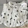Pijama de Algodão Nuvem para Primavera e Outono Feminino, Conjunto Minimalista com Gola de Renda, Xadrez Azul Claro, Modelagem Solta, Tamanho Grande, Calça de Manga Longa, Roupa de Casa