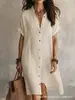 2026 Europeo y Americano Amazon Transfronterizo Nuevo Estilo Vestido Camisa Moda Casual Color Sólido Manga Corta Botones Vestido de Longitud Media