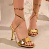 Sandalias de Verano para Mujer con Estampado de Leopardo Francés, Punta Abierta, una Correa, Cruzadas, Talla Grande, Tacón de Aguja Alto, con Cordones, Sandalias Romanas
