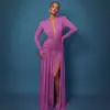Amazon Ropa de Mujer 2026 Otoño Nueva Llegada Elegante Escote en V Profundo Manga Larga Sexy Ajustado Ceñido Vestido Plisado con Abertura Alta