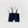 Roupa de Verão para Meninos 2026 Novo Estilo Macacão Bebê com Suspensório Gola Redonda Infantil Verão Casual Patchwork Classe A de Verão