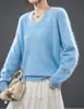 Suéter tejido de cachemira casual de alta gama con cuello en V, suéter de lana de color sólido versátil adelgazante de manga larga para mujer, otoño e invierno