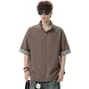 Camisa de Manga Corta con Cuello Alto Estilo Old Money para Hombre, Conjunto de Dos Piezas Veraniego Empalmado Cardigan a Cuadros High Street Americano, Top Talla Grande