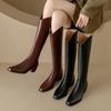 Botas de couro bovino de perna longa e retas, estilo cavaleiro, 2023, salto médio grosso, boca em V, bico quadrado pequeno, botas altas de couro integral para mulheres por dentro e por fora