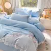 Conjunto de quatro peças bordado em fio de algodão nuvem lavado estilo primavera e verão, 100% algodão, estilo feminino, capa de edredom individual, roupa de cama, lençol, lençol com elástico