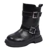 Botas de Cuero de Moda para Niños 2026 Otoño Nuevo Estilo Botas de Motocicleta con Hebilla Negra Estilo Coreano Versátiles Botas de Media Caña para Niñas