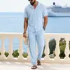 Traje Casual de Algodón y Lino para Hombre Otoño Europeo y Americano Amazon Conjunto Holgado con Sudadera con Capucha Henley Camisa de Manga Larga Pantalones Largos