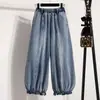 Foto Real de Pantalones Anchos de Algodón para Mujer con Bordes Fruncidos y Parches de Mezclilla, de Color Claro, Cortos, Estilo Bloomer, Pantalones de Trabajo para Otoño y Primavera