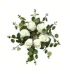 Ventas Directas de Fábrica Corona Artificial Transfronteriza Anillo Portavelas Flores Decorativas Rosa de 6 Cabezas Hoja de Eucalipto Ramo Decorativo Hecho a Mano
