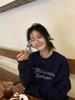 Sudadera Retro Americana Sencilla con Estampado de Letras para Mujer Primavera y Otoño Delgada Holgada Casual Versátil Reductora de Edad Top Azul Marino