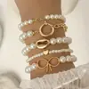 Pulsera Cruzada de Estilo Ins Europeo y Americano, Simple y Versátil, con Forma de Corazón y Luna Creciente, Pulsera de Perlas Artificiales en Capas de Moda