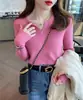 Suéter de Punto de Manga Larga con Cuello en V Nuevo para Otoño e Invierno Estilo Suave de Temperamento para Mujer Camisa Base Ajustada Adelgazante Top Interior