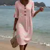En Stock Amazon Transfronterizo Moda Mujer Nuevo Estilo Cuello en V Botones Estampado Floral Casual Algodón y Lino Vestido