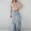 Vestido de encaje transparente con abertura, estilo europeo y americano nuevo, diseño elegante, cuello redondo, manga larga, blusa para verano y otoño 2026, adecuado para desplazamientos transfronterizos