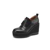 Zapatos de cuña de cuero de punta redonda con suela gruesa y tacones altos nuevo 2025 impermeables con cremallera frontal zapatos de piel de oveja de cuero marrón