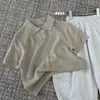 Conjunto de Verano Nuevo 2026 para Niños Camisa Polo de Punto Hueco Manga Corta Pantalones Cropped de Pierna Ancha Estilo Coreano Moderno