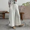 Nuevos Pantalones Anchos de Algodón Retro Chino para Mujer Verano 2026 Sueltos Talla Grande Bordado Adelgazantes Casuales Pantalones Anchos de Nueve Puntos