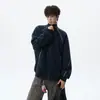 Sudadera cárdigan para hombre estilo americano, con bloques de color, costuras de contraste, cuello alto, colección otoño 2026, corte holgado, diseño moderno, ropa deportiva casual