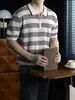 Polo de Malla de Punto Relajado con Bloques de Color a Rayas de Manga Corta para Hombre, Transpirable, Elegante, Camiseta Fina de Media Manga