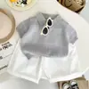 Conjunto de verão moderno e estiloso para meninos 2026 novo modelo, camisa polo de tricô com manga curta vazada estilo coreano infantil