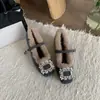 Sapatos Mary Jane Quadrados com Salto Grosso Estilo Francês e Strass para Mulheres, Novos Sapatos de Algodão com Forro de Lã Outono/Inverno 2025