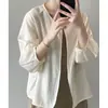 Camisa de proteção solar de um botão para mulheres, estilo coreano primavera/verão, corte solto, versátil, blusa de manga três quartos, jaqueta cardigã leve de gola redonda