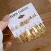 Set de Pendientes Geométricos Dorados Retro de Venta Caliente Transfronteriza para Mujer, Pendientes de Aro con Perlas de Moda, Pendientes con Incrustaciones de Diamantes al por Mayor