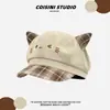 Gorra Octagonal de Estilo Japonés con Orejas de Gato a Cuadros Linda para Niñas, Cuadros Patchwork de Primavera y Otoño, Hace que la Cara Parezca Más Pequeña, Gorra de Boina Versátil