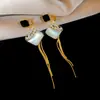 Pendientes de Clip~Pendientes de Clip con Flecos de Rombos de Oro Real de 18K Electrochapado, Circonita, Nácar, Estilo Retro Elegante, Lujo Ligero, Pendientes de Alta Gama para Mujer