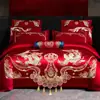 Juego de Cuatro Piezas para Boda de Algodón Rojo Funda de Edredón Festiva Ropa de Cama de Boda Algodón Regalo para Habitación de Recién Casados Bordado de Dragón y Fénix