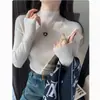 Camiseta base gris de cuello medio para mujer, suéter de una pieza sin costuras, nuevo top de punto suave para otoño e invierno, talla única