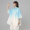 Camisa de Color Degradado Blanco y Negro para Mujer de Manga Corta de Verano de Seda Helada Chaqueta de Protección Solar Manga Seis-Siete Cuartos Ropa de Pareja