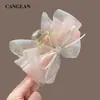 Grampo de Cabelo Laço Dupla Camada de Gaze com Bolinhas Delicado, Grampo de Cabelo Elegante e Doce com Pérolas, Tamanho Grande para Penteados Updo na Parte de Trás da Cabeça, Presilha de Tubarão