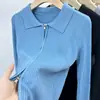 Cárdigan de Punto para Mujer Otoño e Invierno Estilo Coreano Nuevo Cremallera Doble Cuello Polo Sentido del Diseño de Nicho Color Sólido Manga Larga