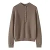Suéter macio e jovem 100% cashmere com fecho de botões, gola redonda, mangas compridas, corte solto, suéter feminino para outono e inverno, versátil