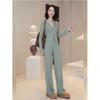 Conjunto Feminino Casual da Moda 2025 Primavera e Outono Novo Nicho Verde Tricô Top de Manga Comprida e Calças de Perna Larga Conjunto de Duas Peças