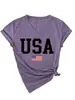 Amazon Ebay Site Independente Moda Casual Feminina Bandeira Estrela dos EUA Gola V Manga Curta Camiseta Exportação