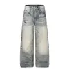 G60012 Rua Principal Estilo Americano Unissex Tendência Lavado Padrão Bigode de Gato Raio Jeans Largo Solto Masculino
