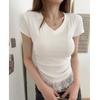 Camiseta Elegante y de Moda para Mujer, Manga Corta, Escote en V que Expone la Clavícula, Verano 2025, Dobladillo con Encaje Empalmado, Top Chic Adelgazante