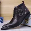 Botas de Couro de Cano Alto com Zíper Lateral e Fivelas Duplas Estampa de Crocodilo Bico Afiado Metalizado Dropshipping