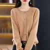 Cardigã de Tricô com Gola Redonda para Mulheres, Jaqueta de Tricô com Padrão de Osmanthus para Mulheres, Cardigã Suéter Cruzado Solto de Outono, Camiseta Básica de Tricô de Manga Longa para Mulheres