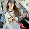 Camiseta de Manga Corta a Cuadros Bloqueada en Color Azul Estilo Academia para Mujer con Estampado de Perro de Dibujos Animados, Corte Holgado, Top Juvenil y Elegante