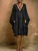 Vestido retro bohemio de color liso europeo y americano para mujer, corte holgado, cuello en V profundo, mangas de murciélago, con bolsillos, vestido de longitud media para vacaciones