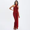 Nuevo Vestido Largo Estampado de Cuello Halter sin Espalda de Venta Caliente Transfronteriza Europeo y Americano Estilo Chica Sexy Caliente con Cinta y Abertura