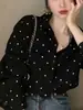 Blusa de gasa con lunares negros para mujer, manga larga, diseño vintage primavera/otoño 2026, top único de nicho francés de alta gama