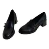 Estoque Disponível Sapatos Mocassins Slip-On com Fivela Dupla para Mulheres, Estilo Britânico Versátil Salto Bloco Aumenta Altura Sapatos Pretos Simples, Sapatos Pequenos de Couro JK para Mulheres